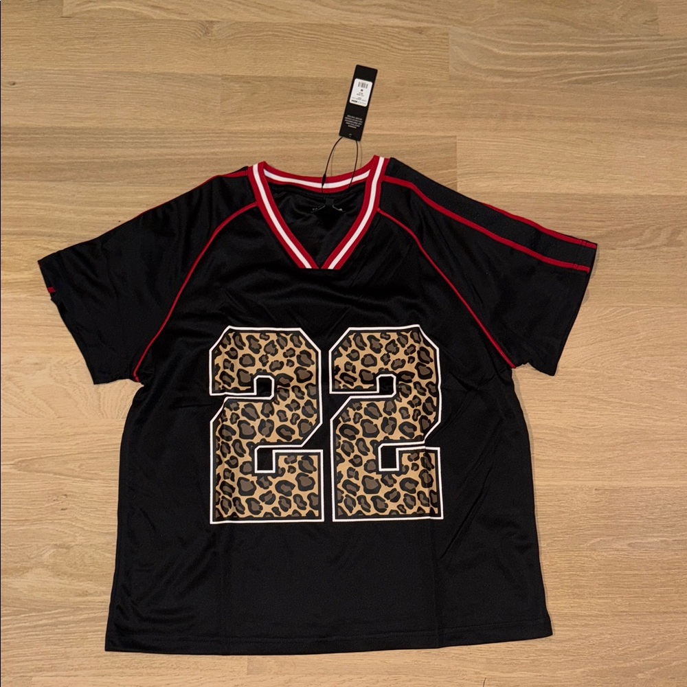 Fashion Nova Black Jersey Top with Leopard '22 and Red Trim
